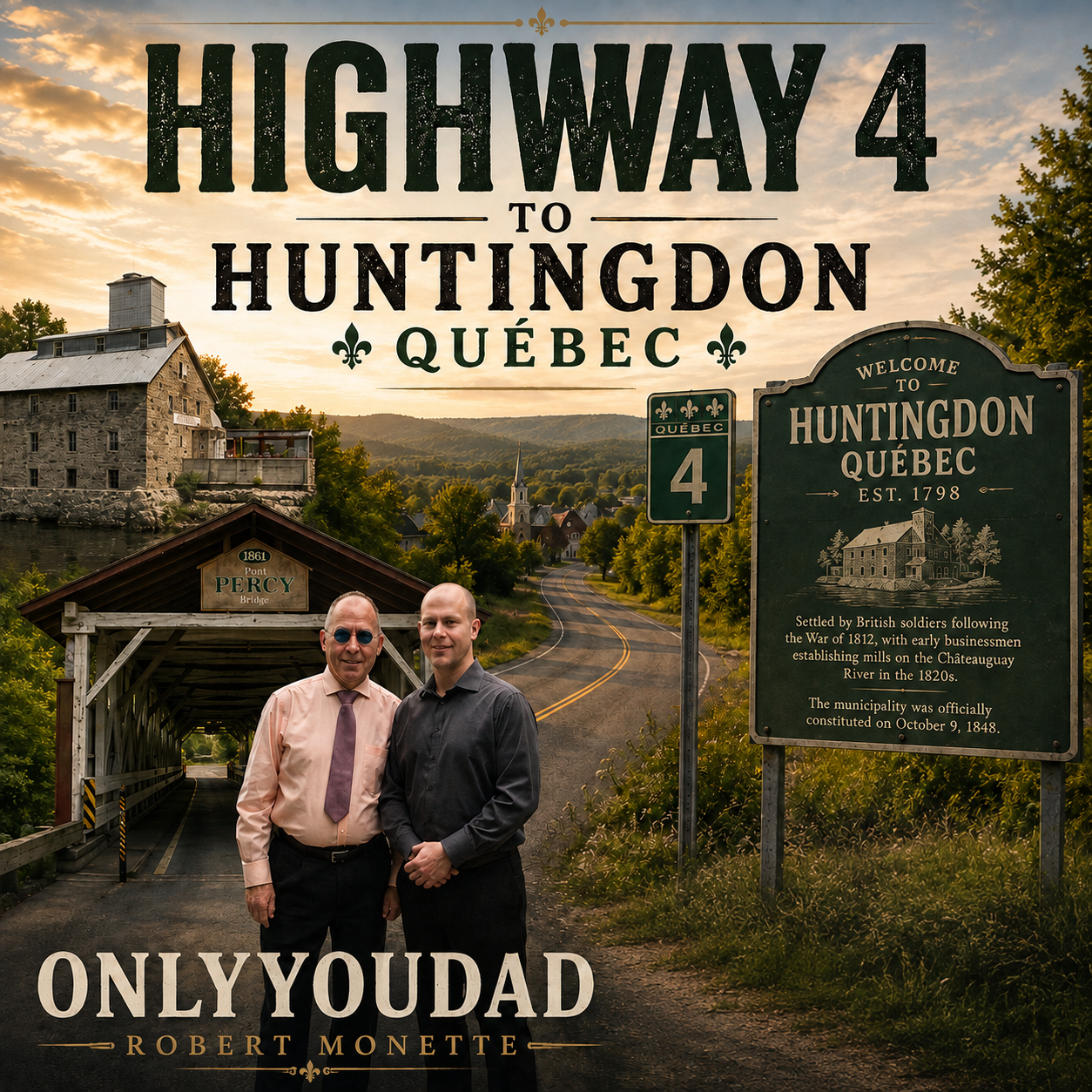 Highway 4 to Huntingdon, Québec — Greg and me at the covered bridge