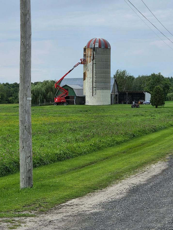 Closer view of Donna's family farm and silo today
