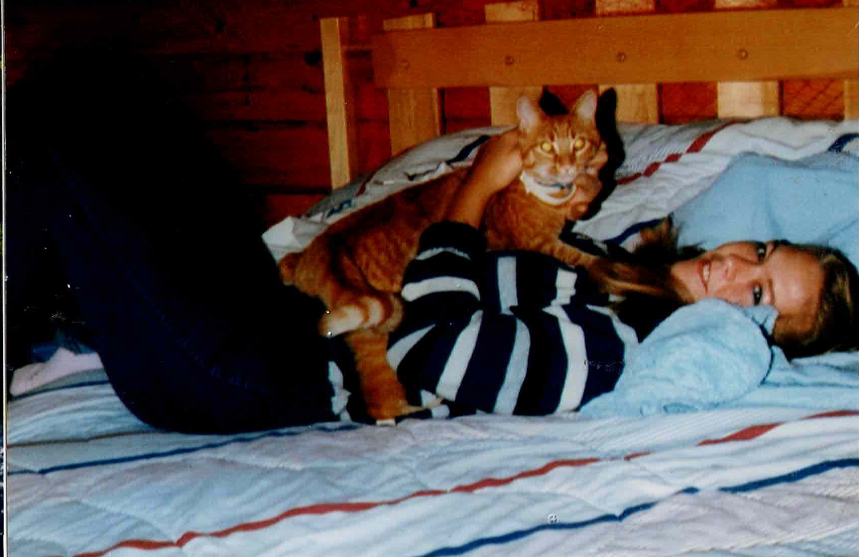 Debbie at the cottage with Tigger, 1987